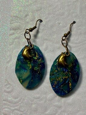 Handmade Teal and Gold Res Drop Earrings with bird Charm